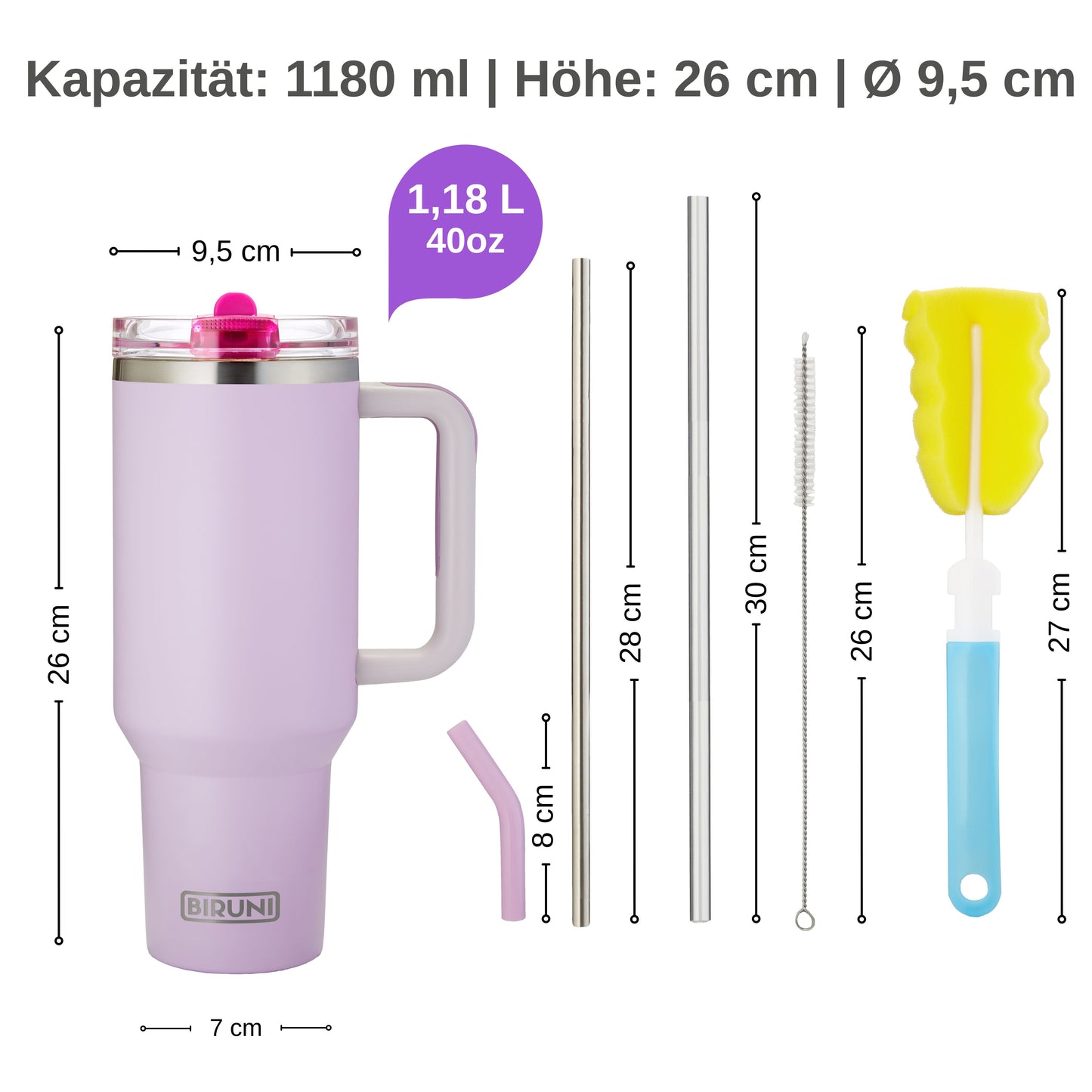 40 oz isolierter Becher mit Strohhalm und Deckel – doppelwandiger, vakuumisolierter Edelstahlbecher mit Deckel, Reisebecher, Becher, Thermobecher, Kaffeebecher für heiße und kalte Getränke