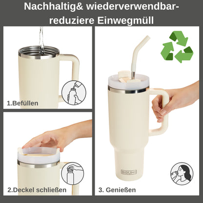 40 oz isolierter Becher mit Strohhalm und Deckel – doppelwandiger, vakuumisolierter Edelstahlbecher mit Deckel, Reisebecher, Becher, Thermobecher, Kaffeebecher für heiße und kalte Getränke