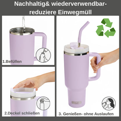 40 oz isolierter Becher mit Strohhalm und Deckel – doppelwandiger, vakuumisolierter Edelstahlbecher mit Deckel, Reisebecher, Becher, Thermobecher, Kaffeebecher für heiße und kalte Getränke