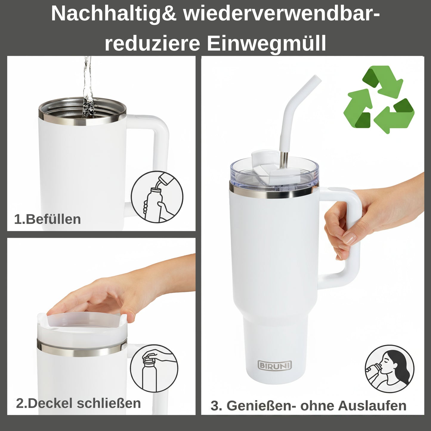 40 oz isolierter Becher mit Strohhalm und Deckel – doppelwandiger, vakuumisolierter Edelstahlbecher mit Deckel, Reisebecher, Becher, Thermobecher, Kaffeebecher für heiße und kalte Getränke