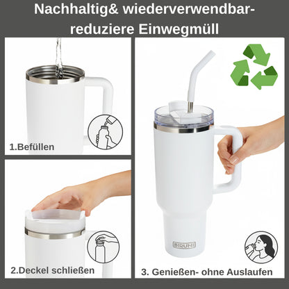 40 oz isolierter Becher mit Strohhalm und Deckel – doppelwandiger, vakuumisolierter Edelstahlbecher mit Deckel, Reisebecher, Becher, Thermobecher, Kaffeebecher für heiße und kalte Getränke