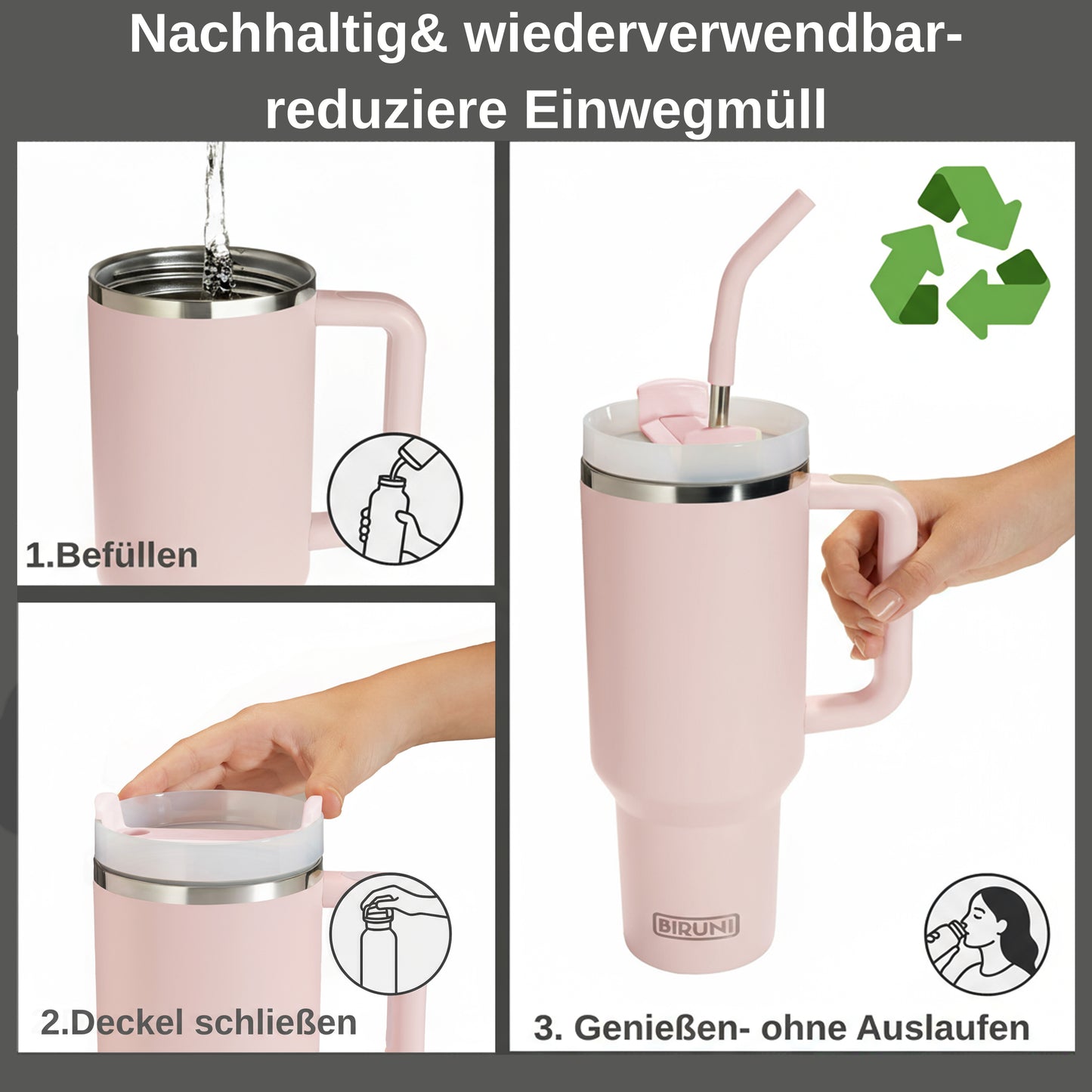 40 oz isolierter Becher mit Strohhalm und Deckel – doppelwandiger, vakuumisolierter Edelstahlbecher mit Deckel, Reisebecher, Becher, Thermobecher, Kaffeebecher für heiße und kalte Getränke