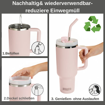 40 oz isolierter Becher mit Strohhalm und Deckel – doppelwandiger, vakuumisolierter Edelstahlbecher mit Deckel, Reisebecher, Becher, Thermobecher, Kaffeebecher für heiße und kalte Getränke